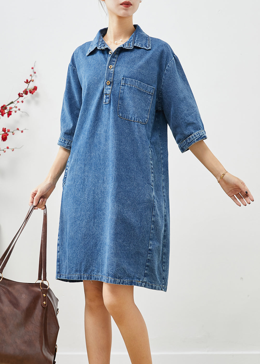 Blue Peter Pan Collar Cinched Denim Dress Half Sleeve