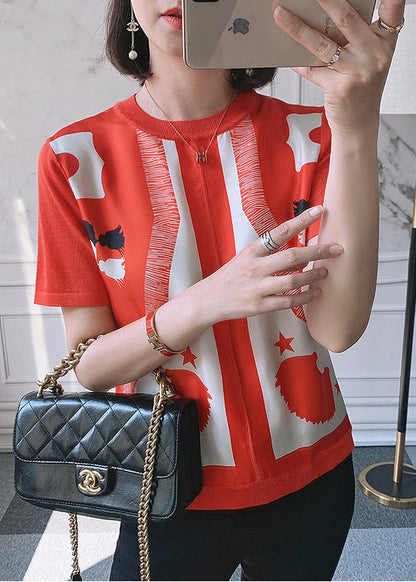 Red O-neck Print Silk Patchwork Knit Top Short Sleeve