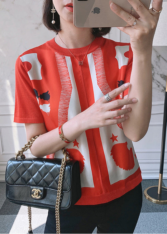 Red O-neck Print Silk Patchwork Knit Top Short Sleeve