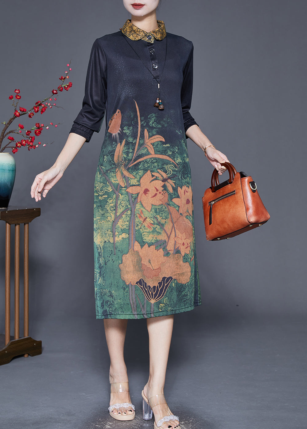 Black Peter Pan Collar Print Slim Fit Dress Fall