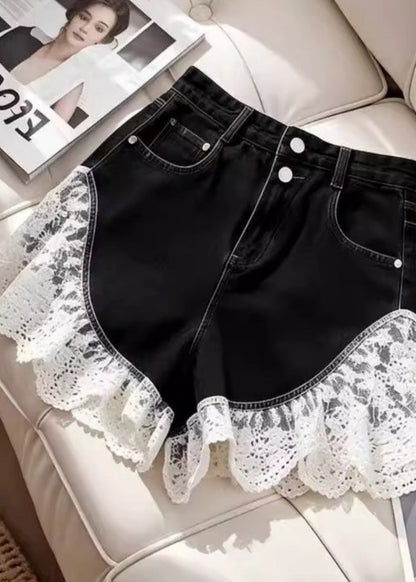 Black Silm Fit Lace Patchwork Denim Shorts Summer