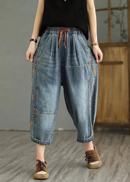 Dark Gray Embroideried Elastic Waist Denim Crop Pants Spring