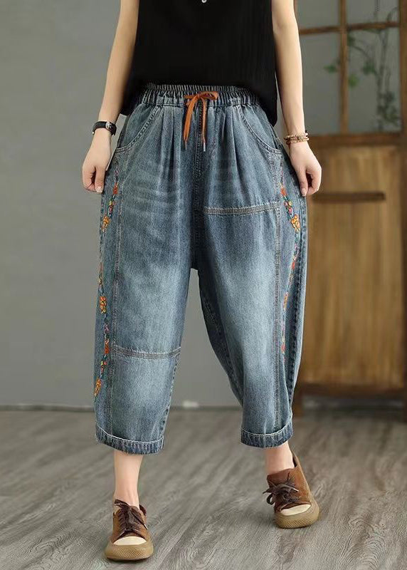 Dark Gray Embroideried Elastic Waist Denim Crop Pants Spring