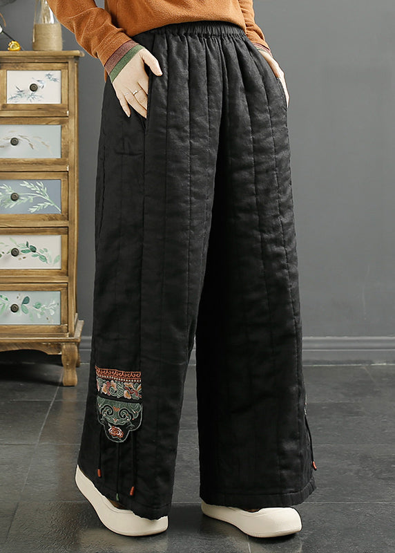 Red Embroideried Pockets Fine Cotton Filled Wide Leg Pants Winter