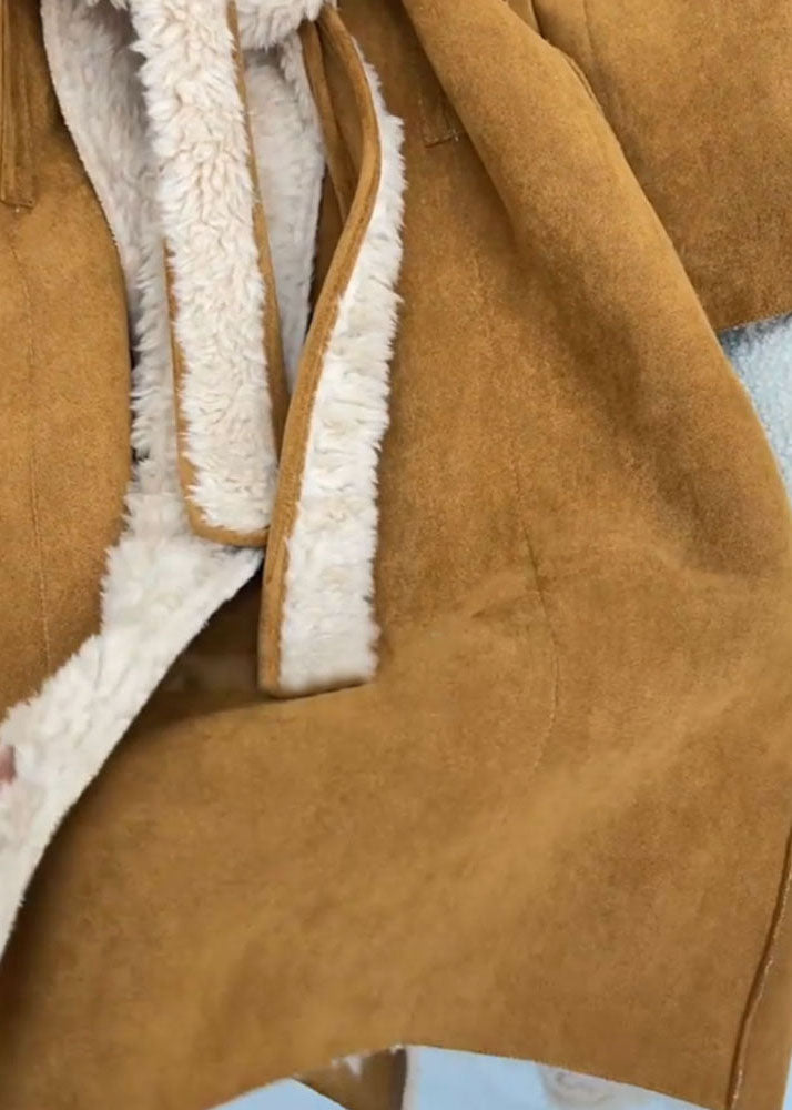 Brown Hooded Tie Waist Fleece Wool Lined Coat Winter