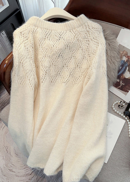 French Fruit Green O-neck Hollow Out Ma Hai Mao Cotton Knit Sweater Tops Winter