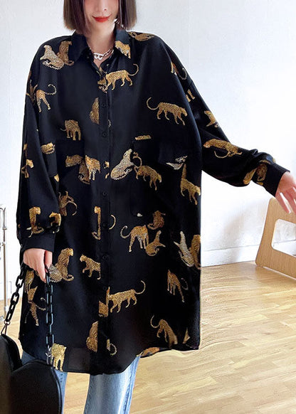 Black Peterpan Collar Button Pockets Print Fall Top Long Sleeve