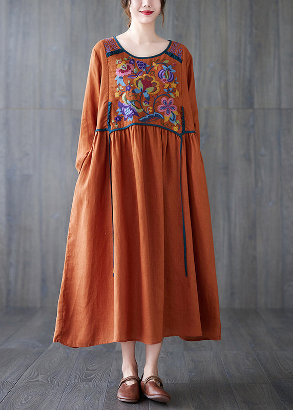 Orange O Neck Embroidered Patchwork Cotton Dress Spring