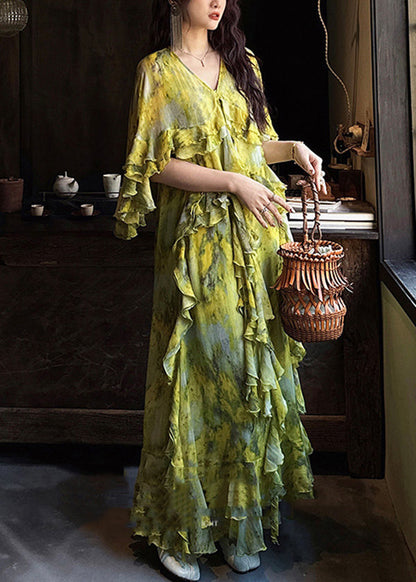 Green Tie Dye Ruffled Patchwork Silk Ankle Dress Summer