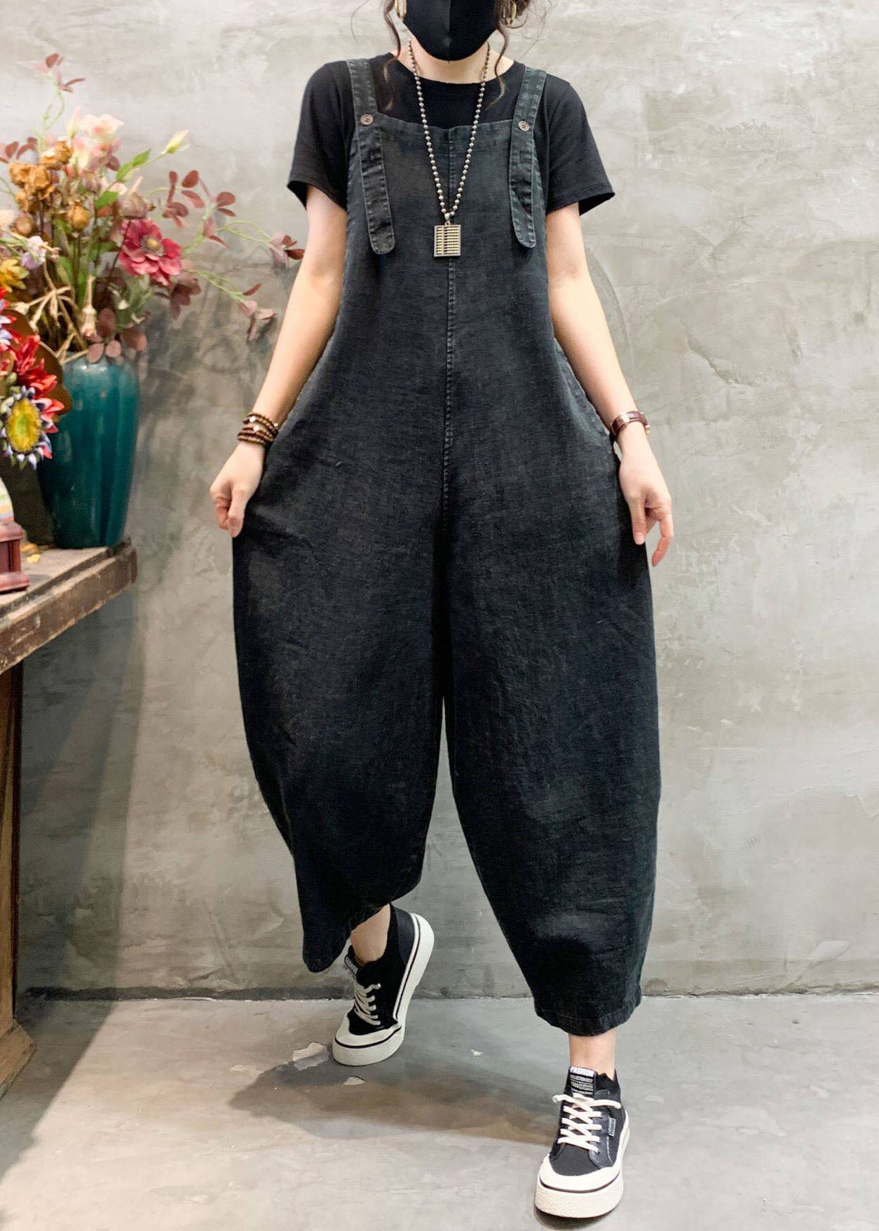 Black Pockets Denim Jumpsuits Summer