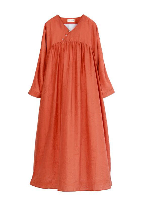 Loose Orange V Neck Cinched Tie Waist Long Dresses Long Sleeve