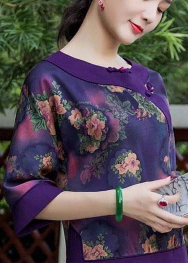 Oriental Purple Button O-neck Print Silk Tops Half Sleeve