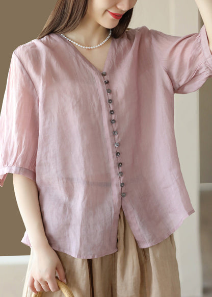 Deep Red V Neck Button Patchwork Linen Shirt Top Summer