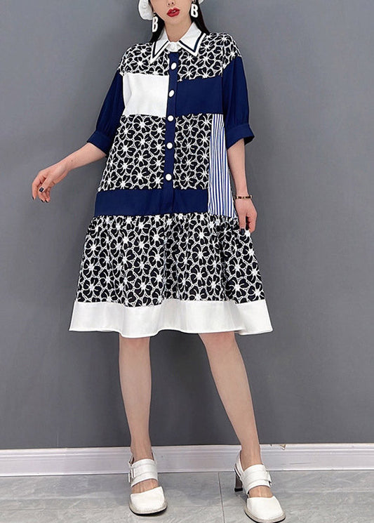 Grey Peter Pan Collar Print Patchwork Button Chiffon Dress Half Sleeve