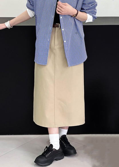 Khaki Side Open Cotton Skirt High Waist