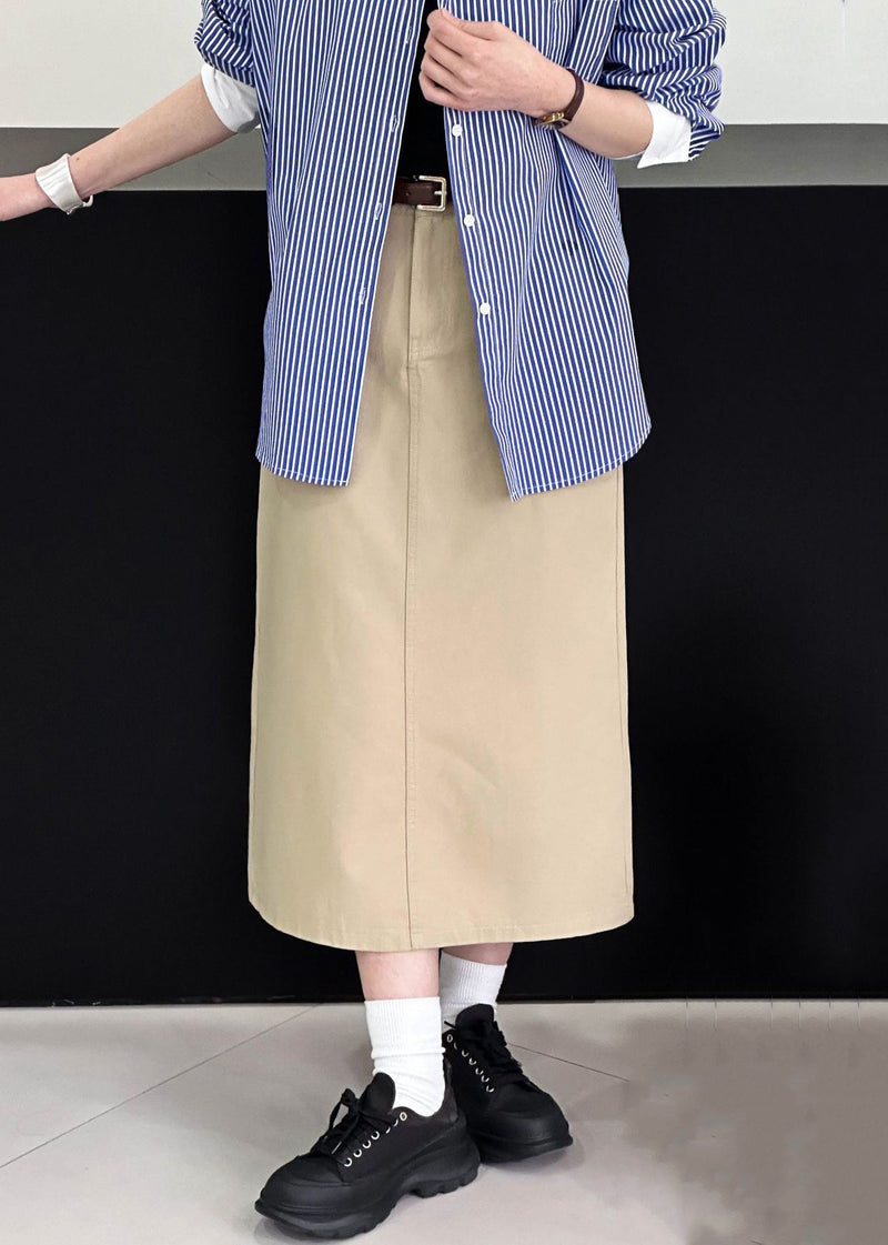 Khaki Side Open Cotton Skirt High Waist