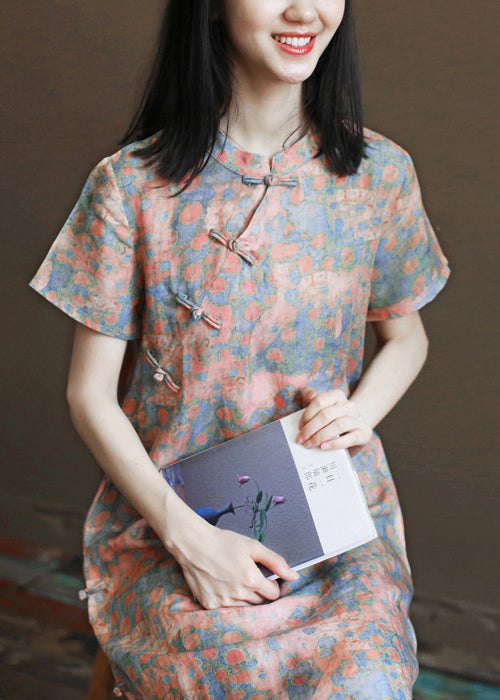 Pink Stand Collar Print Linen Cheongsam Dress Short Sleeve