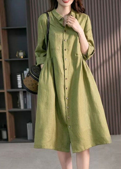 Pink Peter Pan Collar Button Wrinkled Cotton Maxi Dresses Long Sleeve Fall