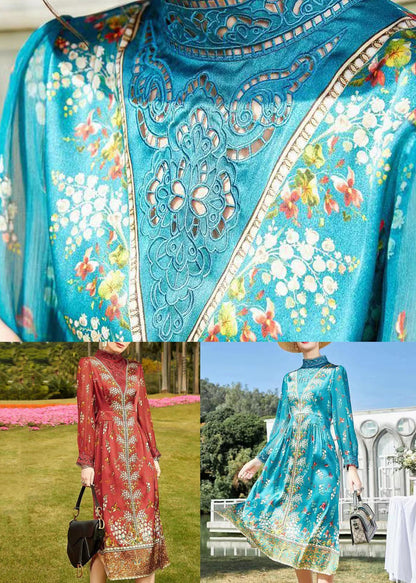 Red Stand Collar Hollow Out Print Patchwork Silk Dresses Fall