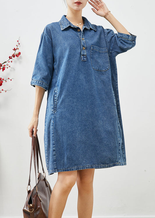 Blue Peter Pan Collar Cinched Denim Dress Half Sleeve