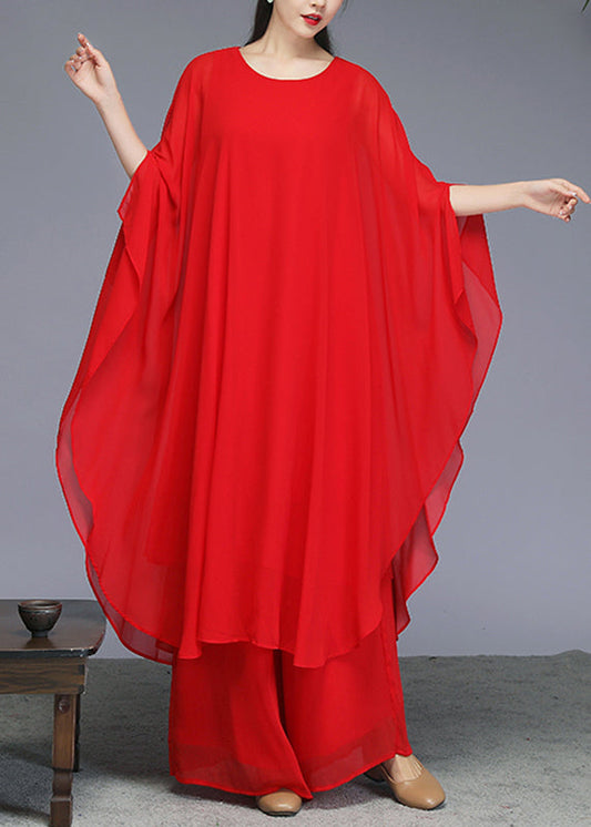 Red Maxi Dress and Wide Leg Pants Two Piece Set Batwin Sleeve