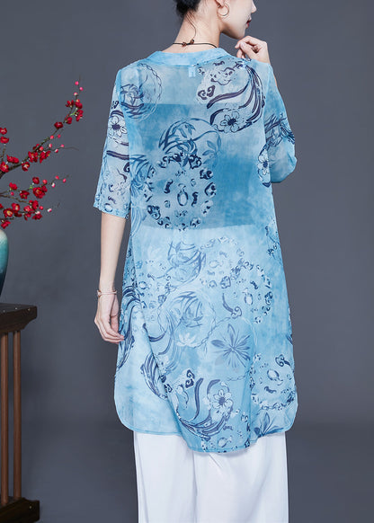 Blue Print Oversized Side Open Long Shirts and Pants Two-piece Set Summer