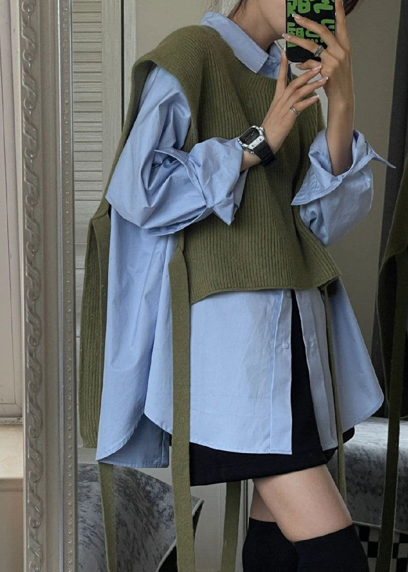 Black Shawl Knit Green Shirts Two Pieces Set Long Sleeve