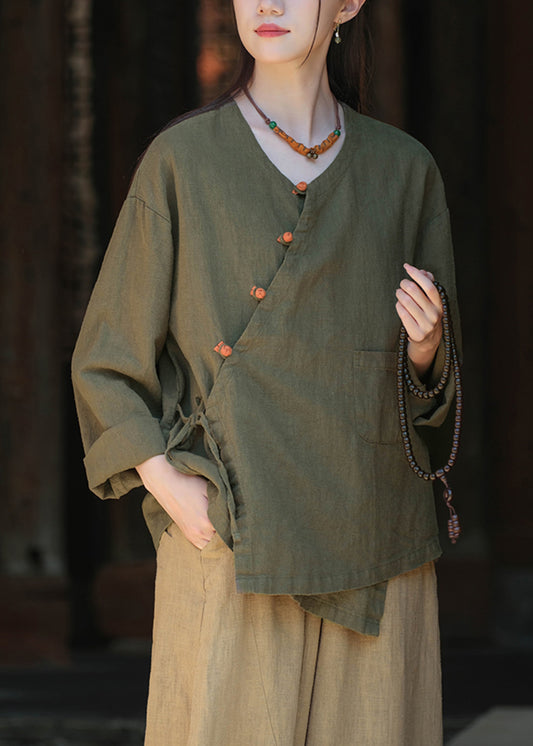 Green V Neck Button Lace Up Cotton Shirts Fall
