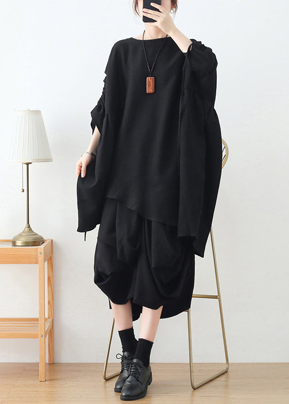Black Loose Cotton Pullover Tops Asymmetrical Design Long Sleeve