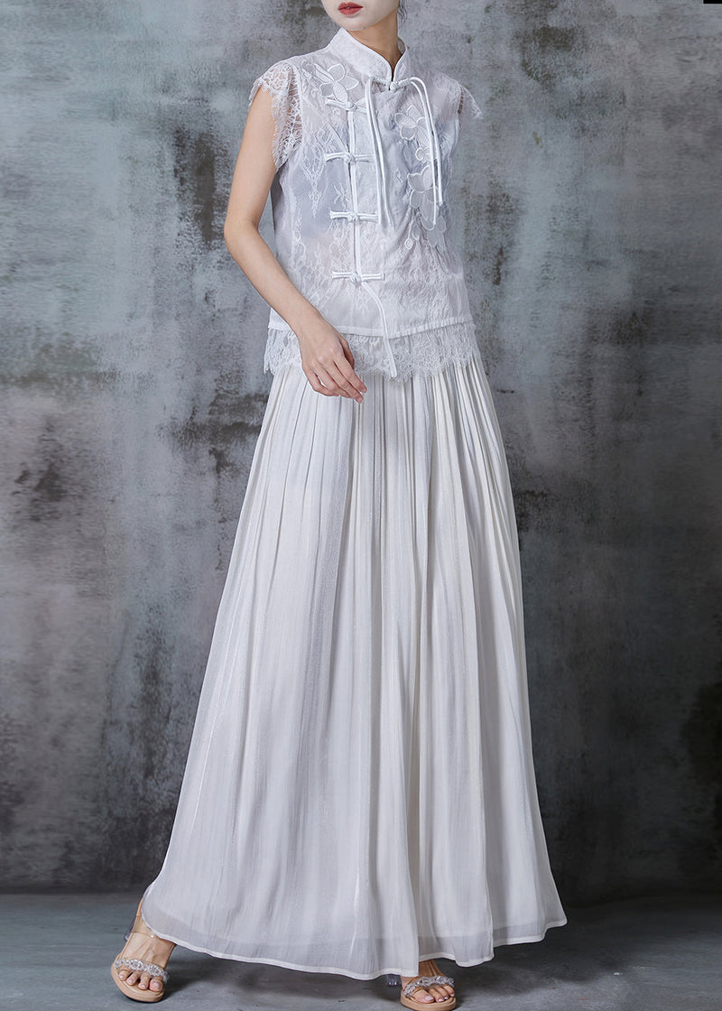 Diy White Tasseled Patchwork Lace Chinese Style Two Piece Set Summer