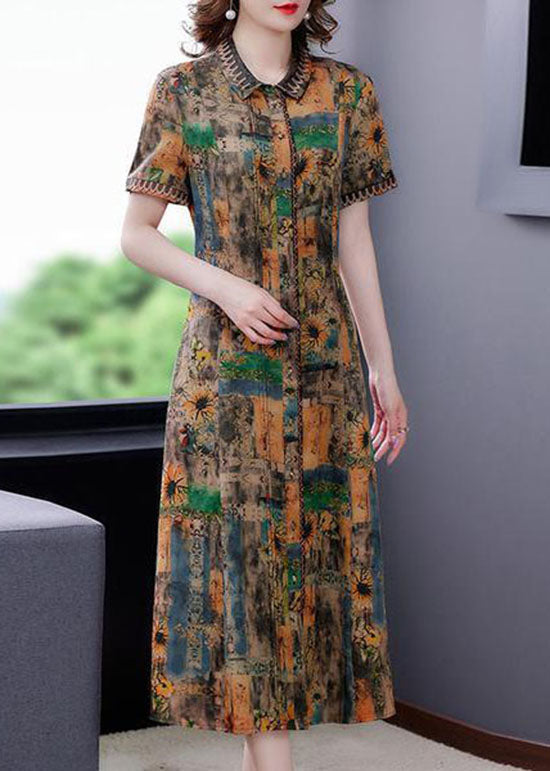 Yellow Peter Pan Collar Print Silk Dresses Summer