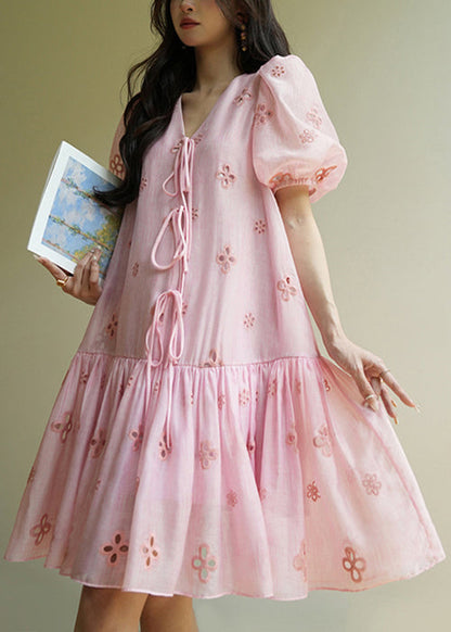 Pink V Neck Hollow Out Lace Up Cotton Dress Summer