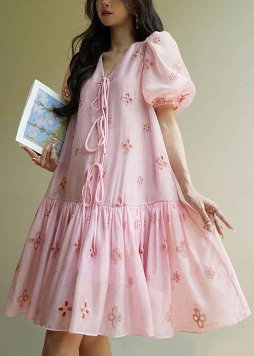 Pink V Neck Hollow Out Lace Up Cotton Dress Summer