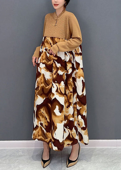 Khaki Mandarin Collar Patchwork Print Holiday Dress Spring