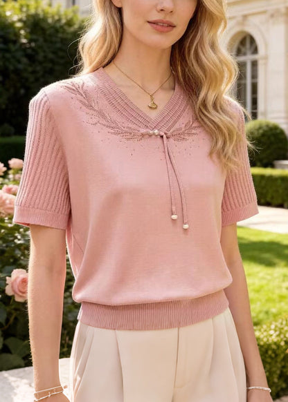 Modern Pink Tasseled Zircon Knit Shirt Top Summer