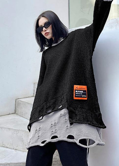 For Spring Gray Sweater Tops O Neck Hole Knitted Blouse