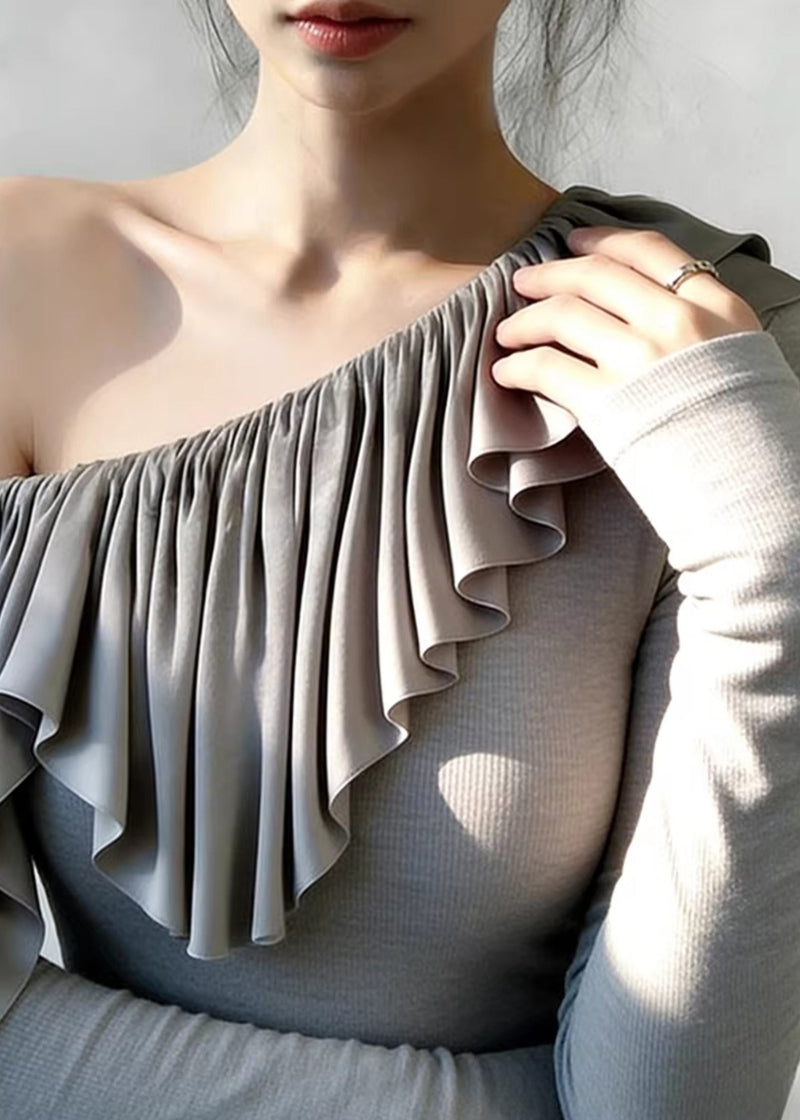 Grey One Shoulder Ruffles Cotton Tops Spring