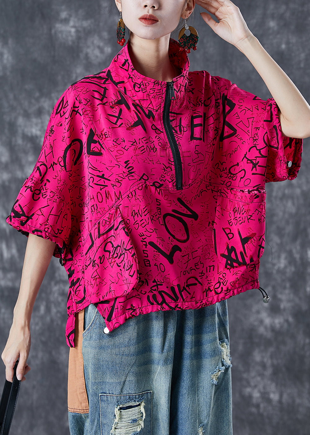 Rose Print Cotton Sweatshirt Oversized Drawstring Summer