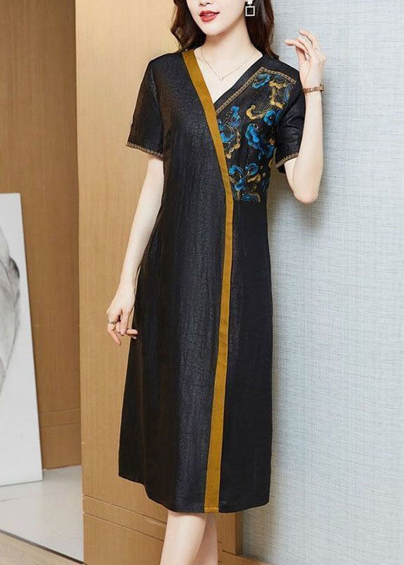 Black Embroideried Patchwork Silk Holiday Dress Summer