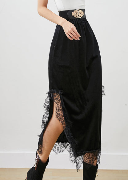 Black Lace Patchwork Side Open Silk Velour Skirts Fall