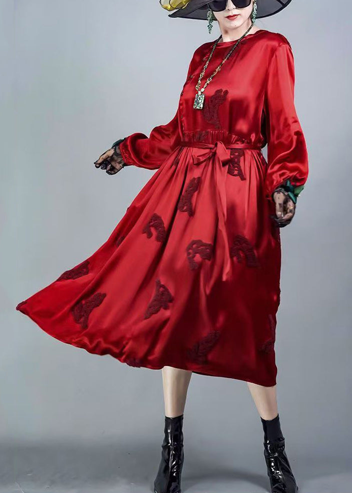 Red O-neck Tie Waist Silk Dresses Spring