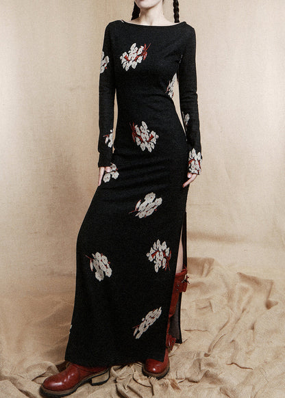 Black Beading Wear on Both Sides Cotton Dress Long Sleeve