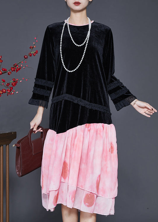 Unique Black Ruffled Patchwork Silk Velour Dress Spring