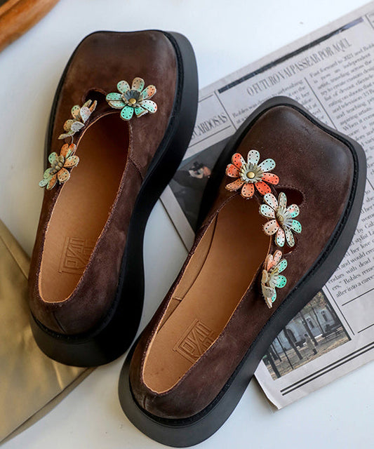 Chocolate Flat Feet Shoes Platform Cowhide Leather Unique Flat Shoes