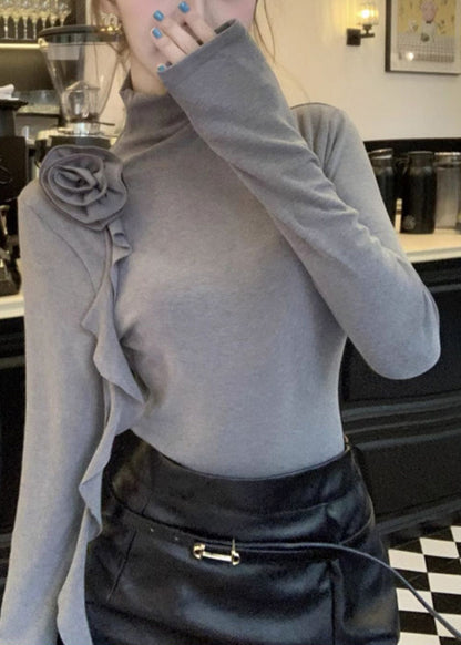 Grey Turtle Neck Stereoscopic Cotton Shirts Fall