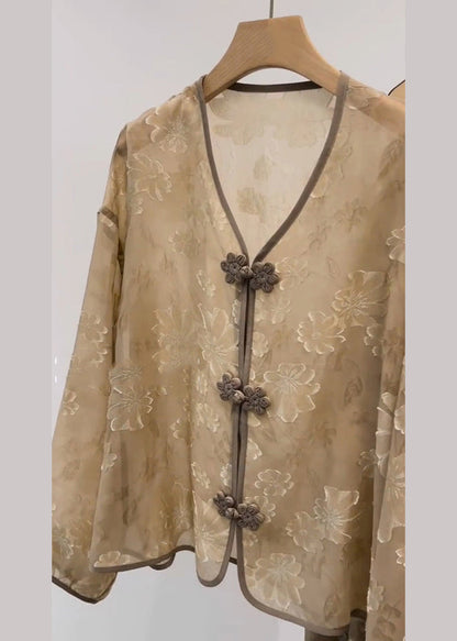 Khaki V Neck Print Chinese Button Silk Sets 2 Pieces Fall
