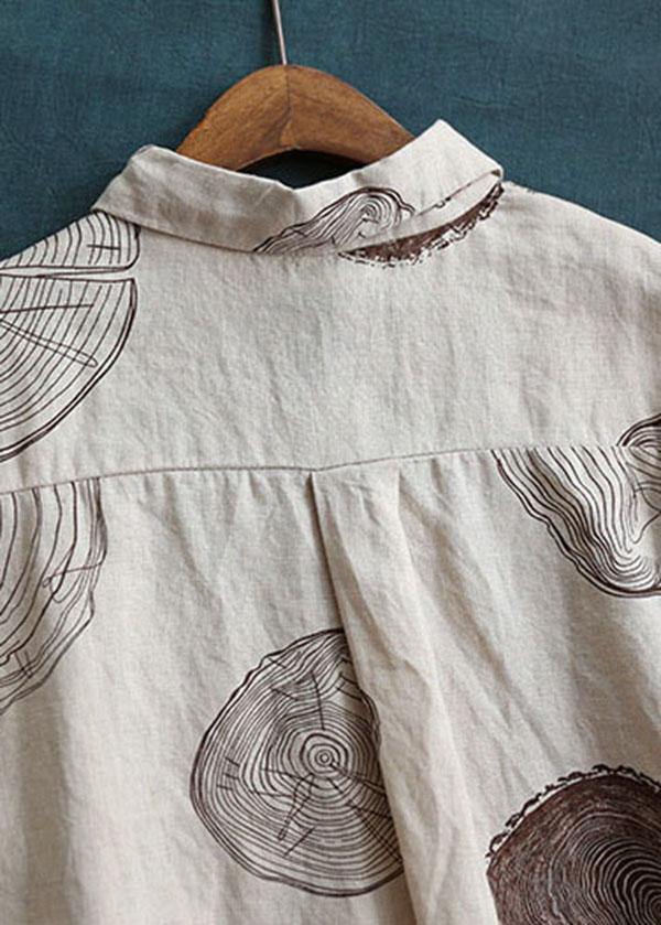 Beige Peter Pan Collar Print Summer Linen Blouses Half Sleeve
