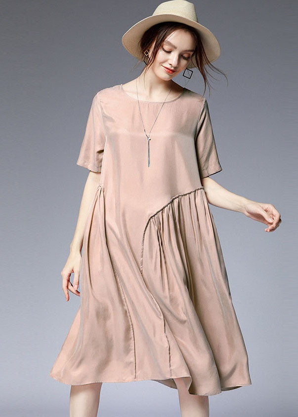 Khaki Patchwork Silk Mid Dress Wrinkled Color Short Sleeve