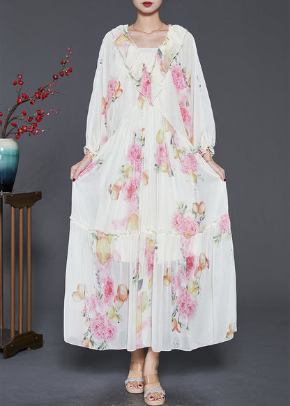Apricot Ruffled Print Chiffon Long Dresses Spring