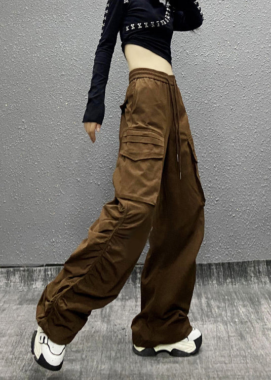 Coffee Pocket Cinched Elastic Waist Pants Autumn